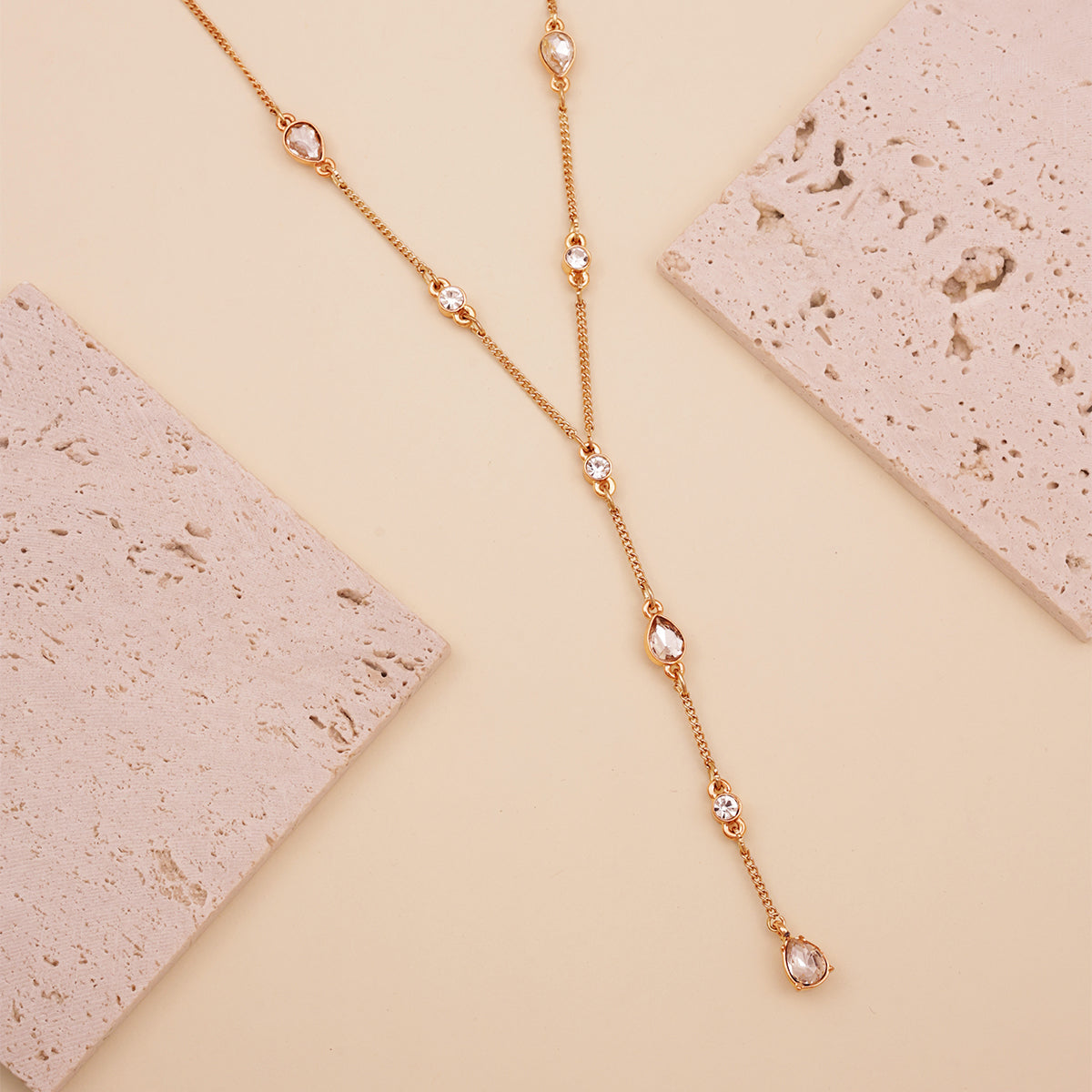 Golden Y-Necklace with Multicolour Teardrop Stone Accents