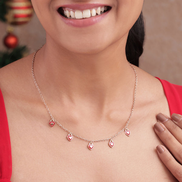 Festive Golden Red Enamel Heart Charm Choker Necklace