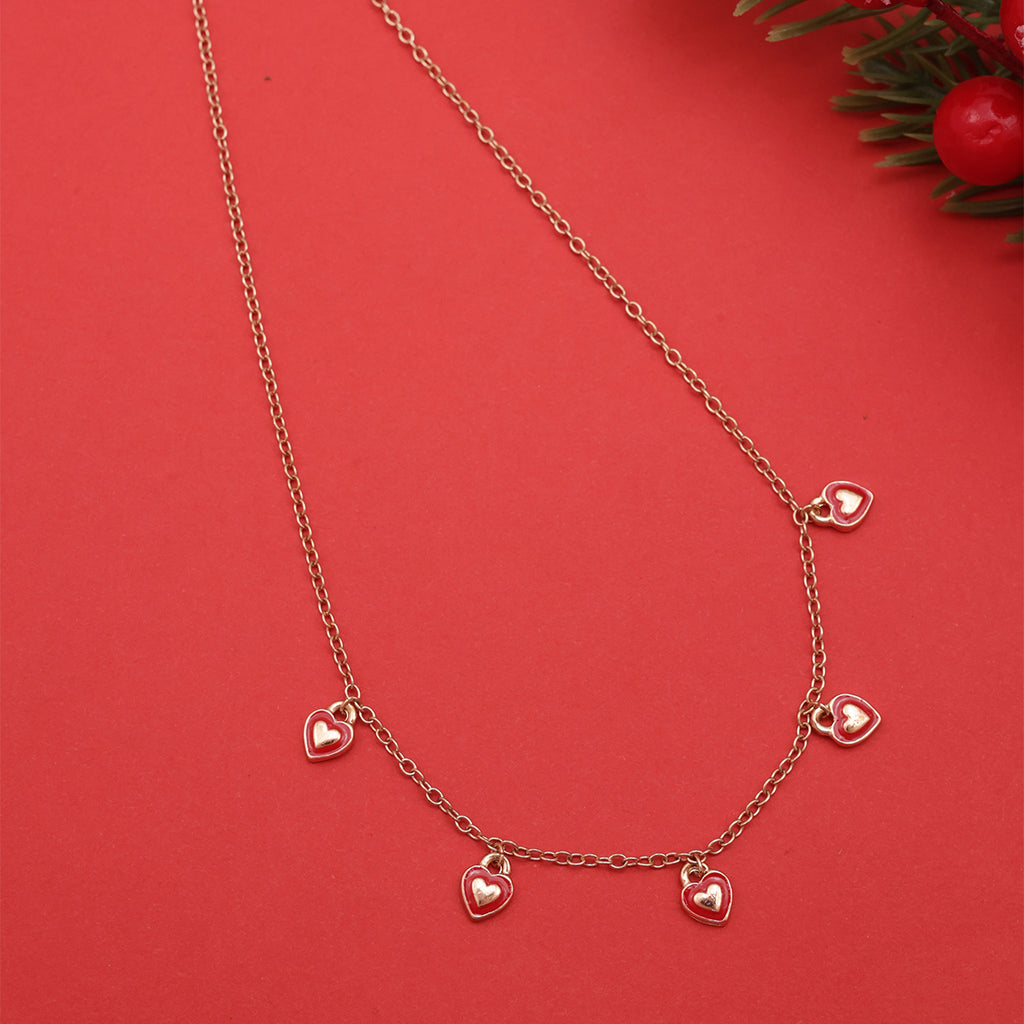 Festive Golden Red Enamel Heart Charm Choker Necklace