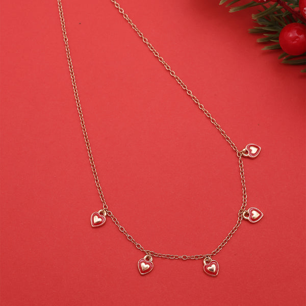 Festive Golden Red Enamel Heart Charm Choker Necklace