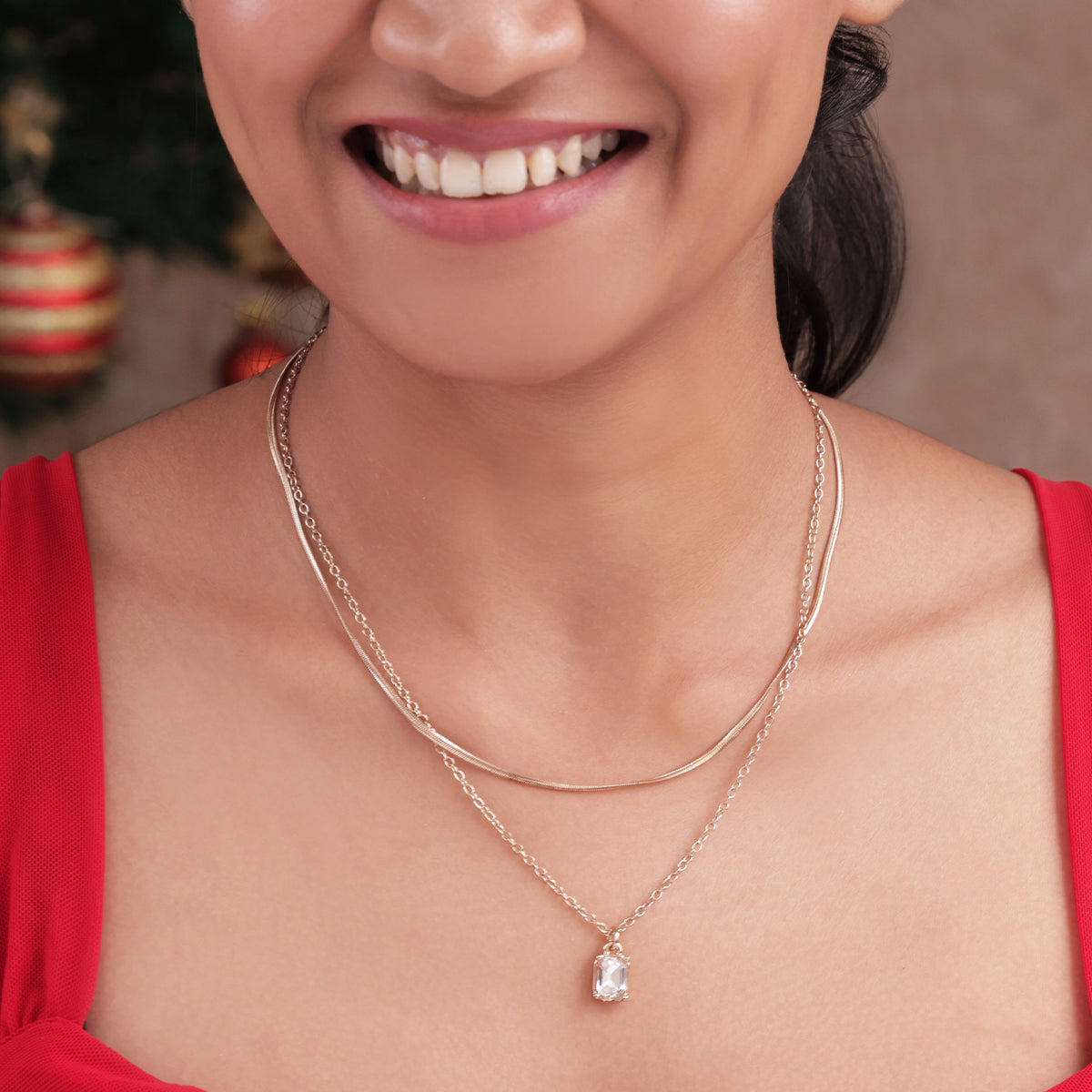 Golden Layered Necklace with Square American Diamond Pendant