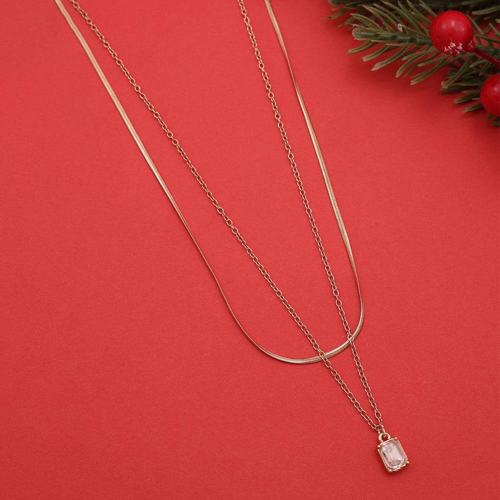 Golden Layered Necklace with Square American Diamond Pendant