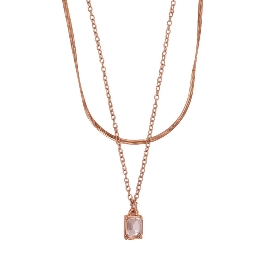 Golden Layered Necklace with Square American Diamond Pendant