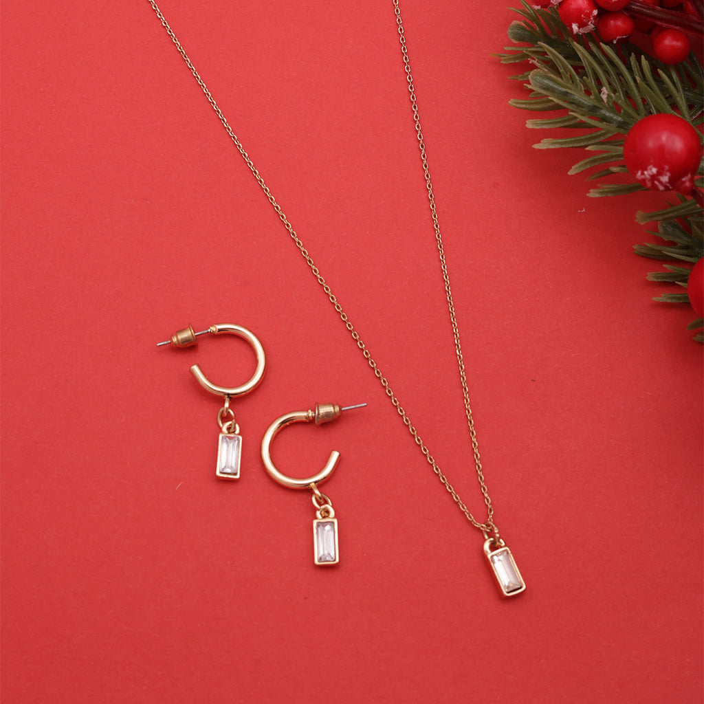 Minimalist Golden Baguette Stone Necklace and Earring Set