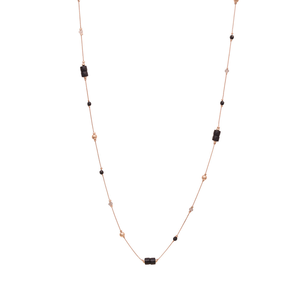 Golden Multi-Layered Necklace with Black Beads & Pearl Accents