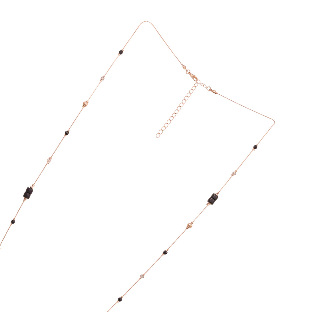 Golden Multi-Layered Necklace with Black Beads & Pearl Accents