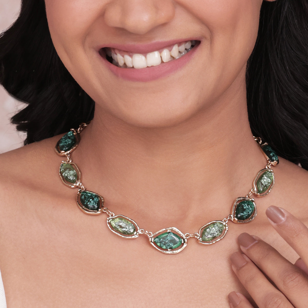 Golden & Green Marble Stone Link Statement Choker Necklace