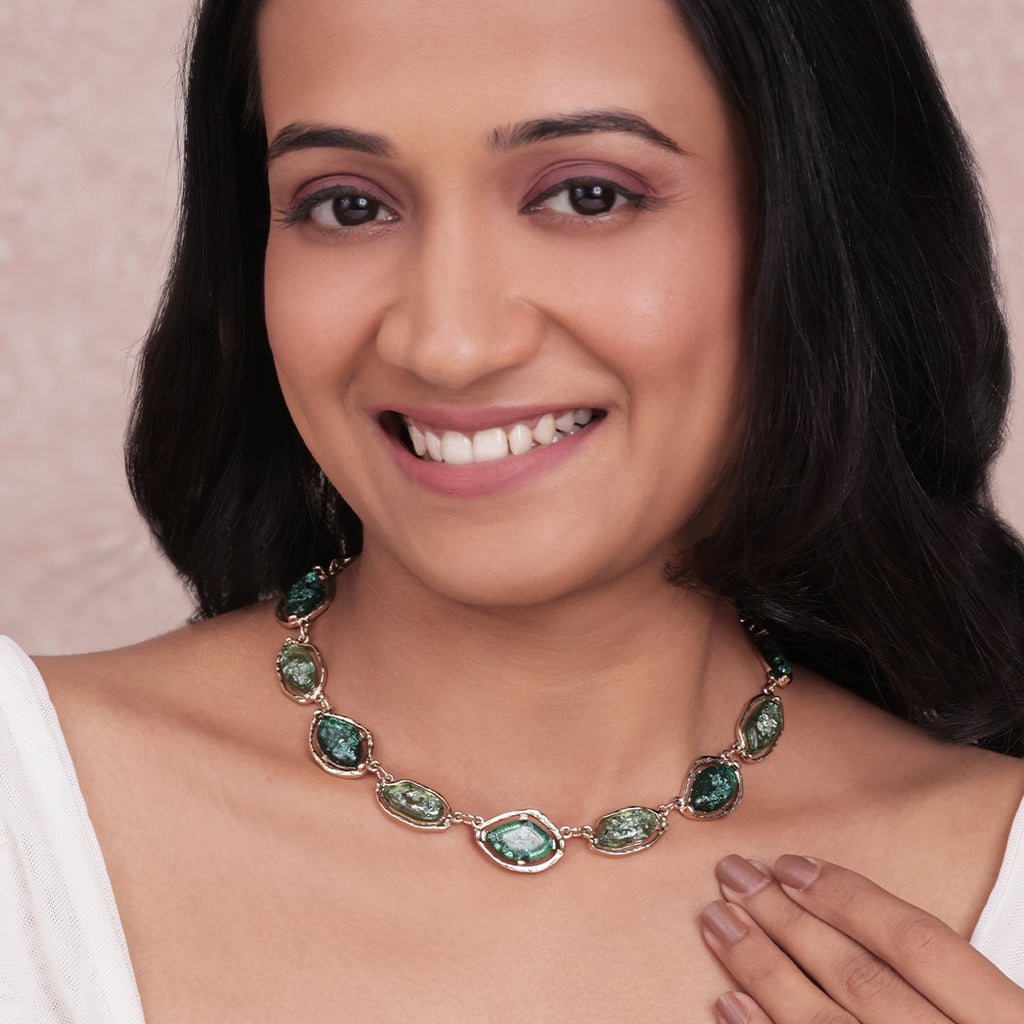 Golden & Green Marble Stone Link Statement Choker Necklace