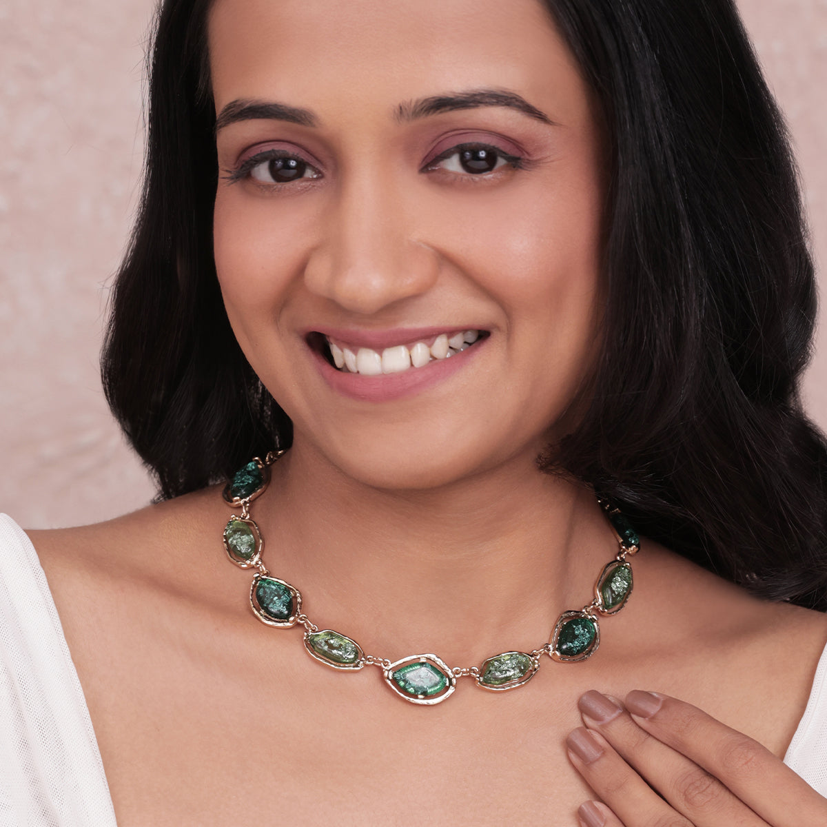 Golden & Green Marble Stone Link Statement Choker Necklace