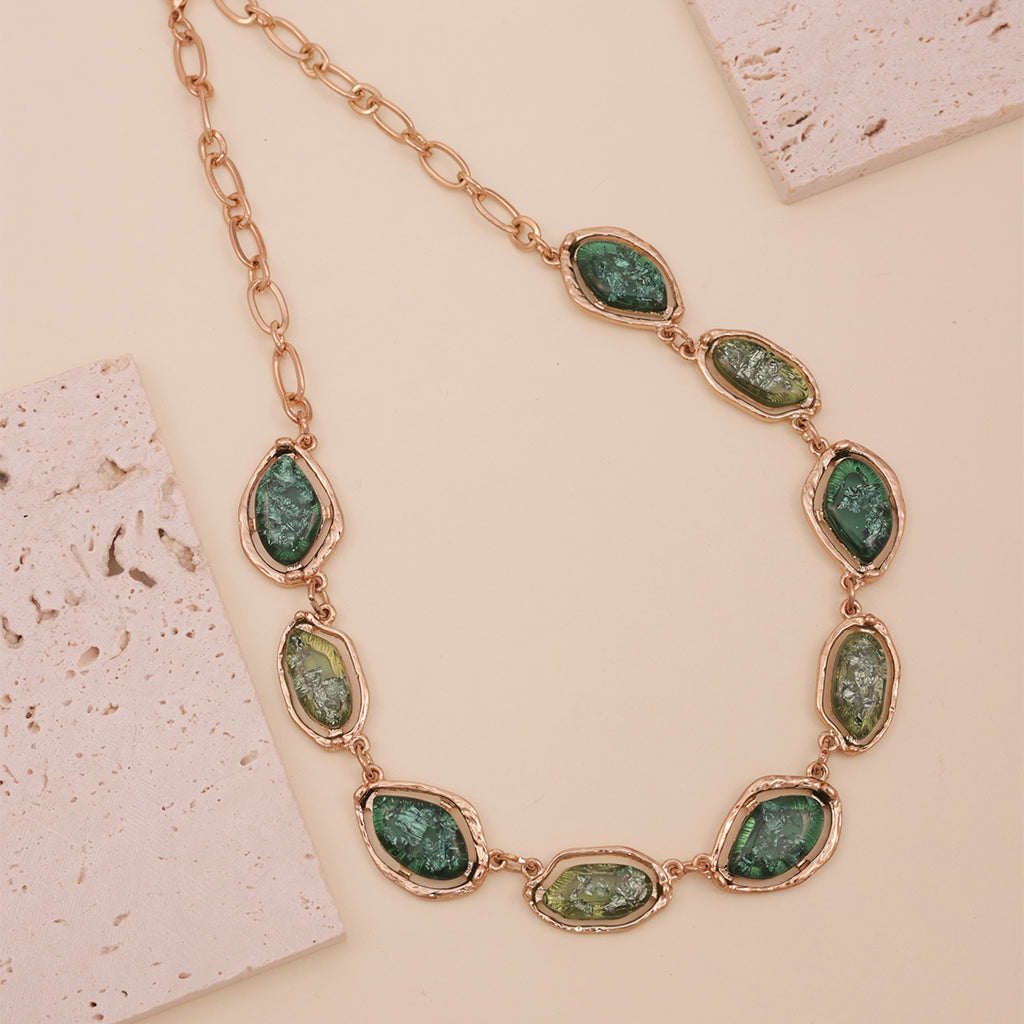 Golden & Green Marble Stone Link Statement Choker Necklace
