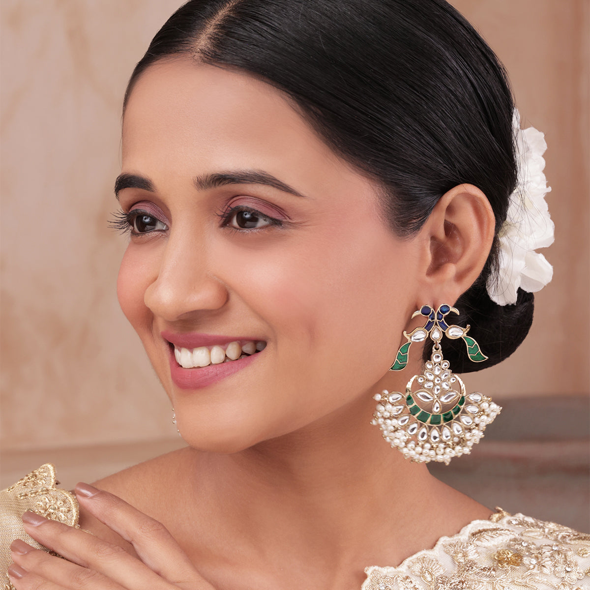 Golden Peacock Kundan Drop Earrings with Pearl Fringe