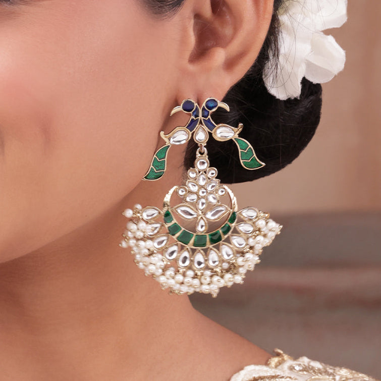 Golden Peacock Kundan Drop Earrings with Pearl Fringe
