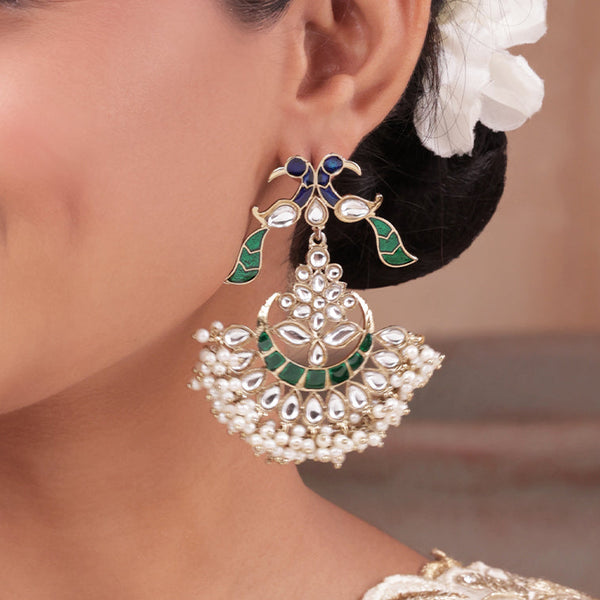 Golden Peacock Kundan Drop Earrings with Pearl Fringe