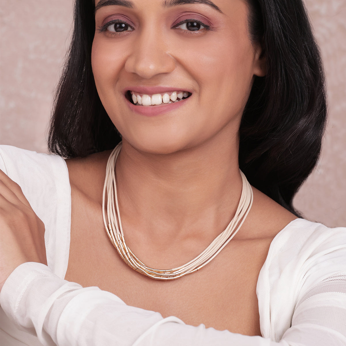 Golden & Beige Cord Multi-Layered Choker Necklace