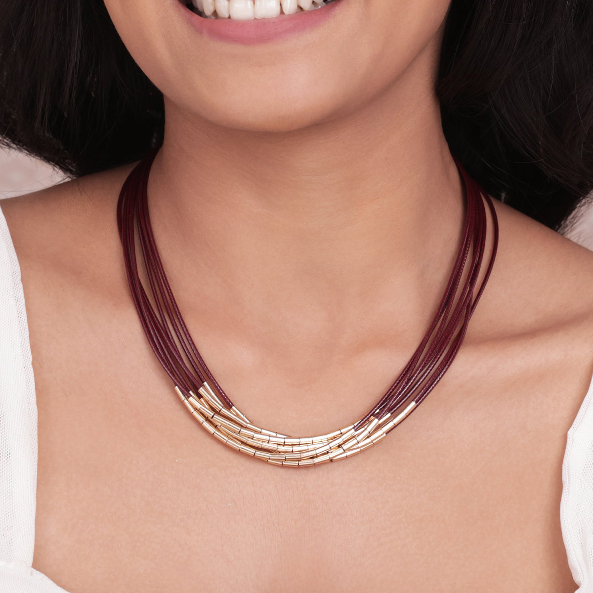 Golden & Maroon Cord Multi-Layered Choker Necklace