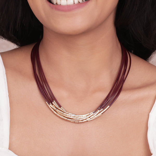 Golden & Maroon Cord Multi-Layered Choker Necklace