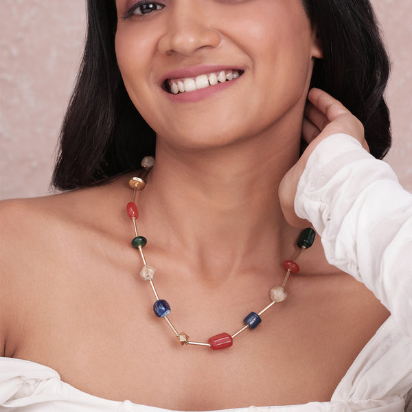 Golden Multi-Coloured Chunky Stone Beaded Choker Necklace