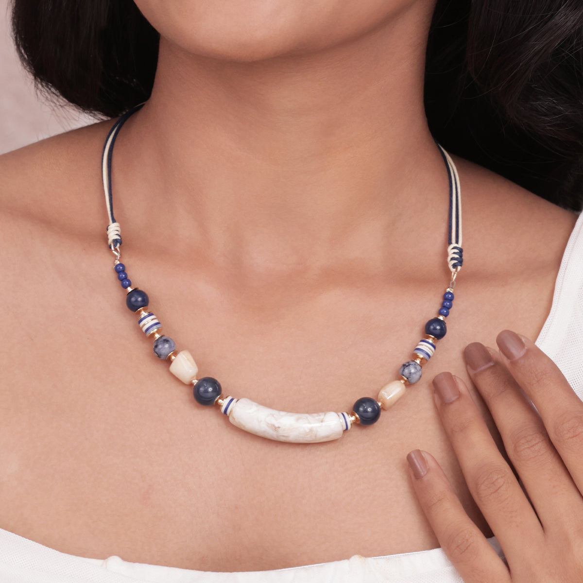 Blue & Beige Resin Stone Beaded Choker Necklace