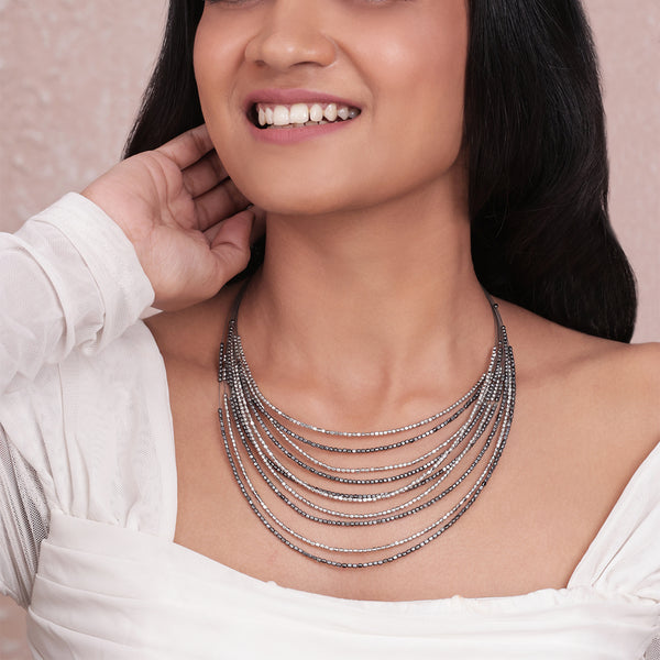 Silver & Pewter Tone Multi-Strand Statement Layered Necklace