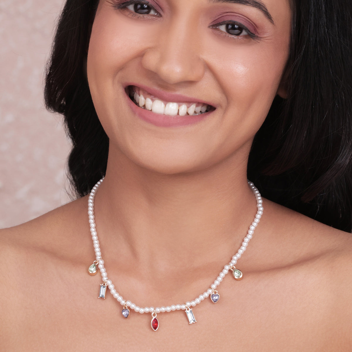 White Pearl Choker Necklace with Multi-Coloured Stone Charms