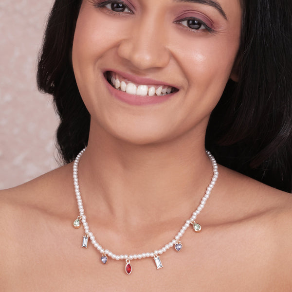 White Pearl Choker Necklace with Multi-Coloured Stone Charms