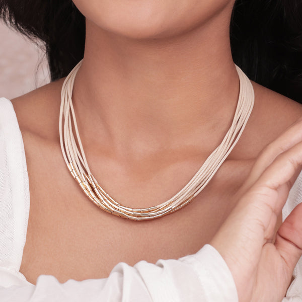Golden & Beige Cord Multi-Layered Choker Necklace