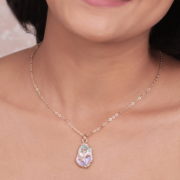 Golden Layered Necklace with Green Enamel Floral Pendant