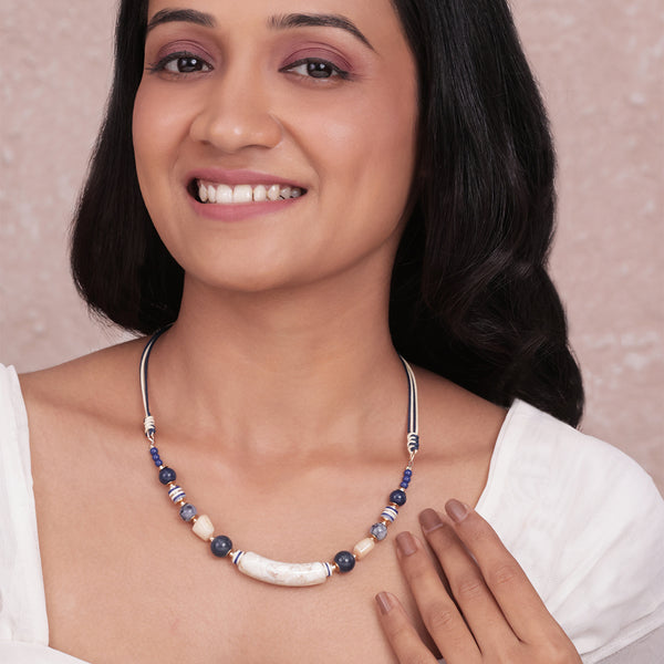 Blue & Beige Resin Stone Beaded Choker Necklace