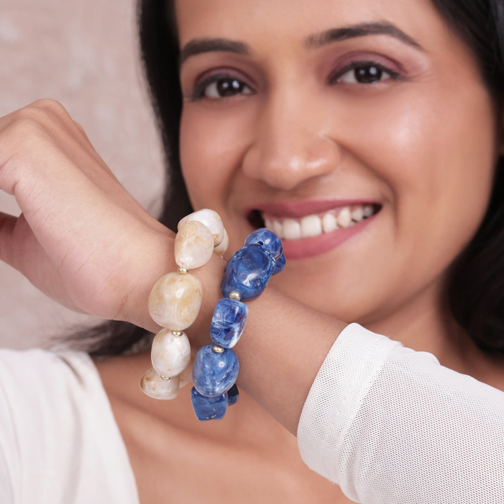 Abstract Blue & Beige Resin Beaded Stretch Bracelet (Set of 2)