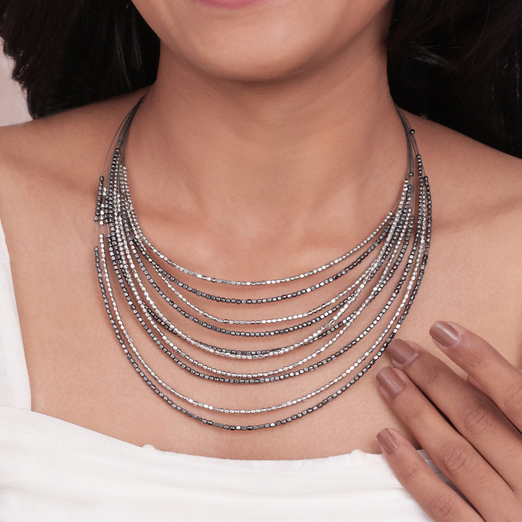 Silver & Pewter Tone Multi-Strand Statement Layered Necklace