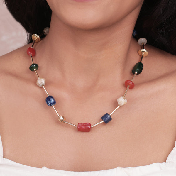 Golden Multi-Coloured Chunky Stone Beaded Choker Necklace