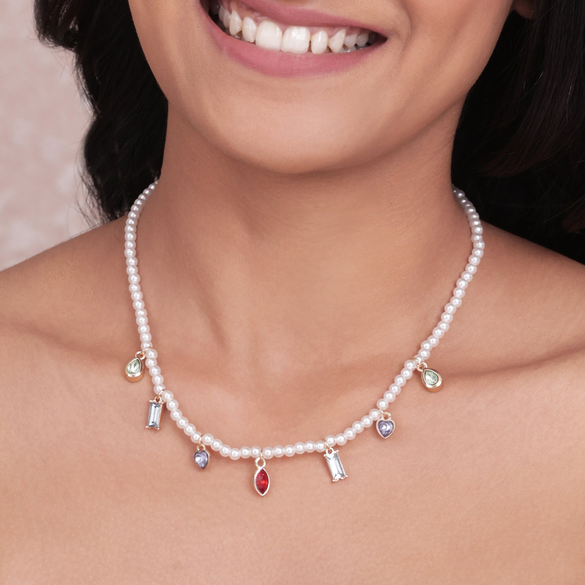 White Pearl Choker Necklace with Multi-Coloured Stone Charms