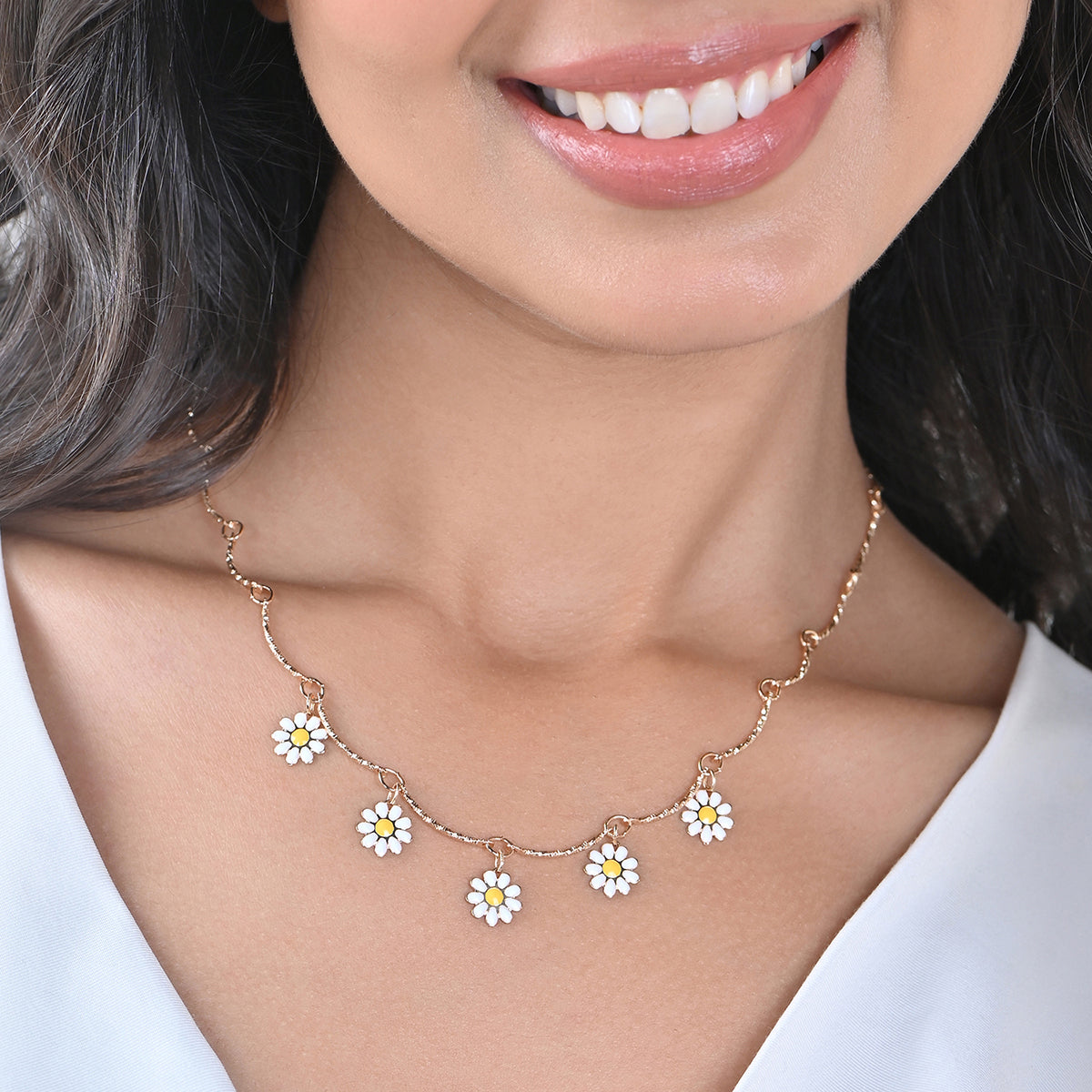 Golden Daisy Multi-Charm Enameled Floral Necklace
