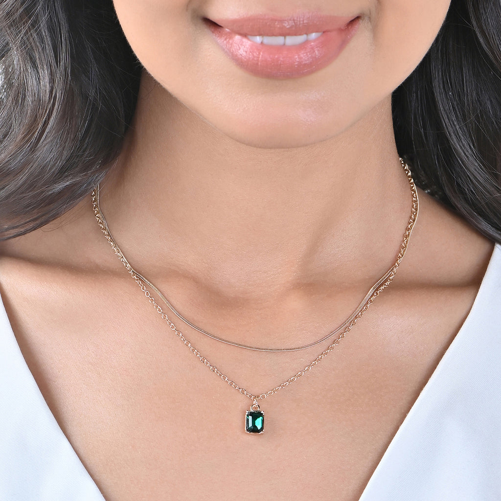 Golden Layered Necklace with Green Square AD Pendant