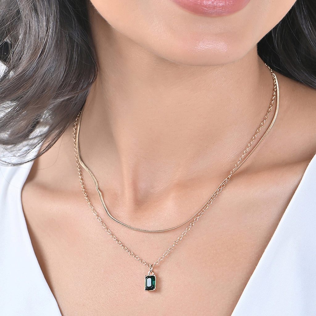 Golden Layered Necklace with Green Square AD Pendant