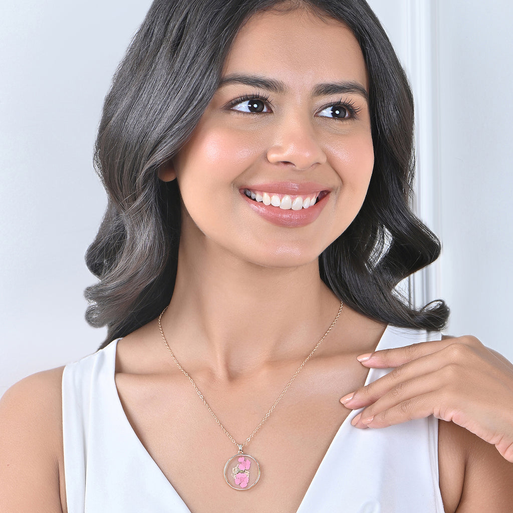 Gold-Toned Preserved Flower Resin Pendant Necklace