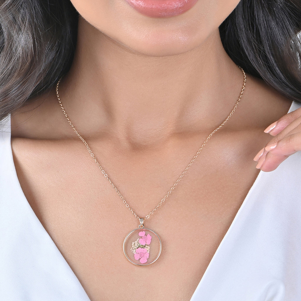 Gold-Toned Preserved Flower Resin Pendant Necklace