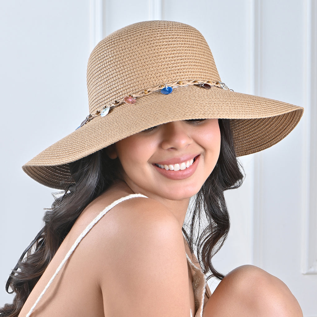 Brown Woven Straw Sun Hat with Multicolour Charms