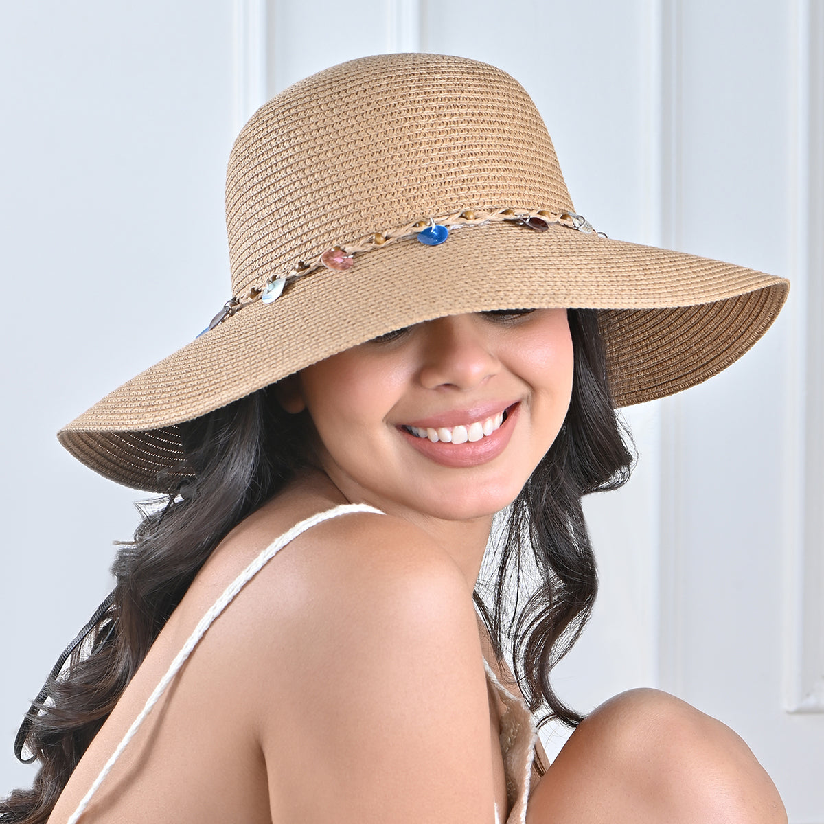 Brown Woven Straw Sun Hat with Multicolour Charms
