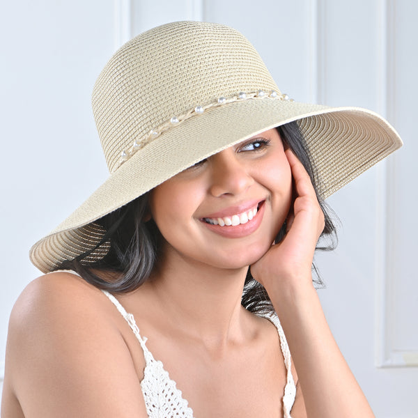 Off White Woven Straw Sun Hat with Pearl Embellishments