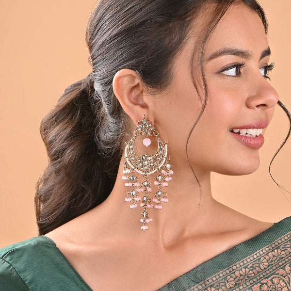 Festive Kundan Drop Golden & Pink Chandbali Earring
