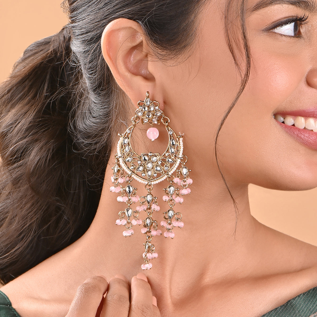Festive Kundan Drop Golden & Pink Chandbali Earring