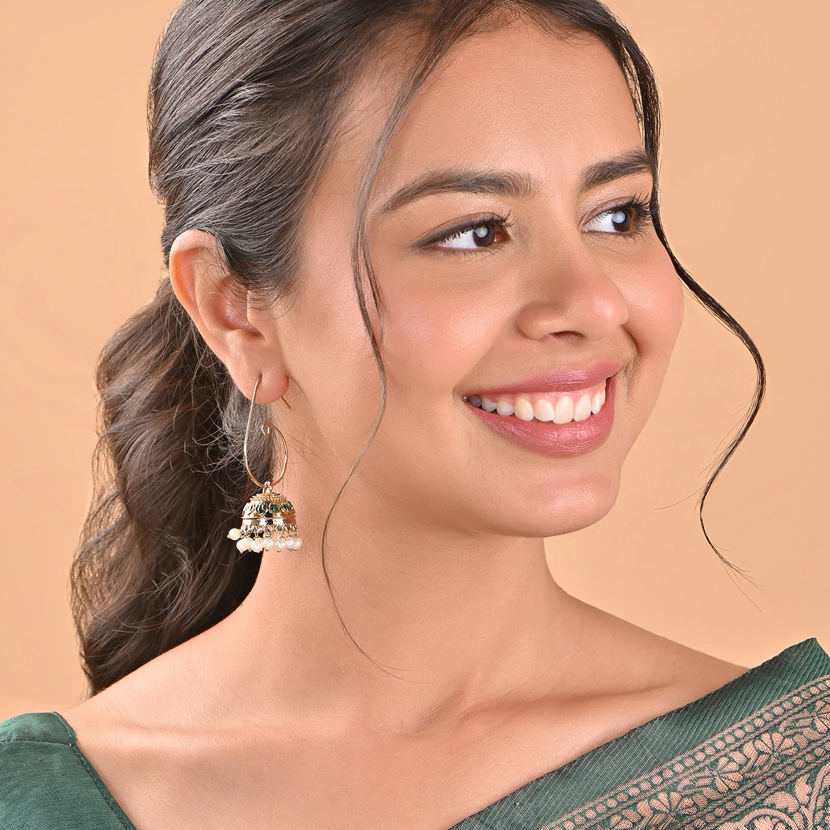 Golden Ethnic Hoop Earring With Textured Jhumka