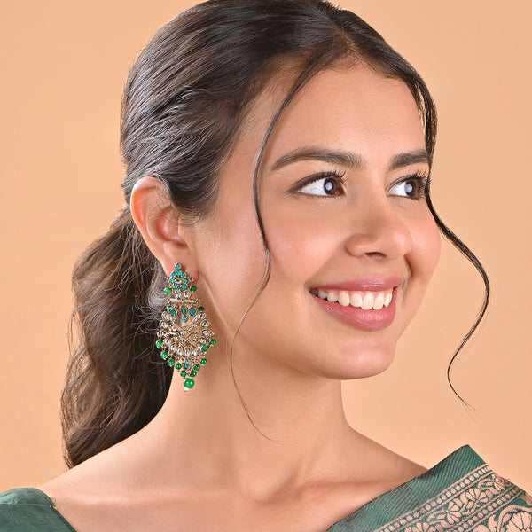 Antique Gold Pastel Green Stone Pearl Drop Chandbali Earring