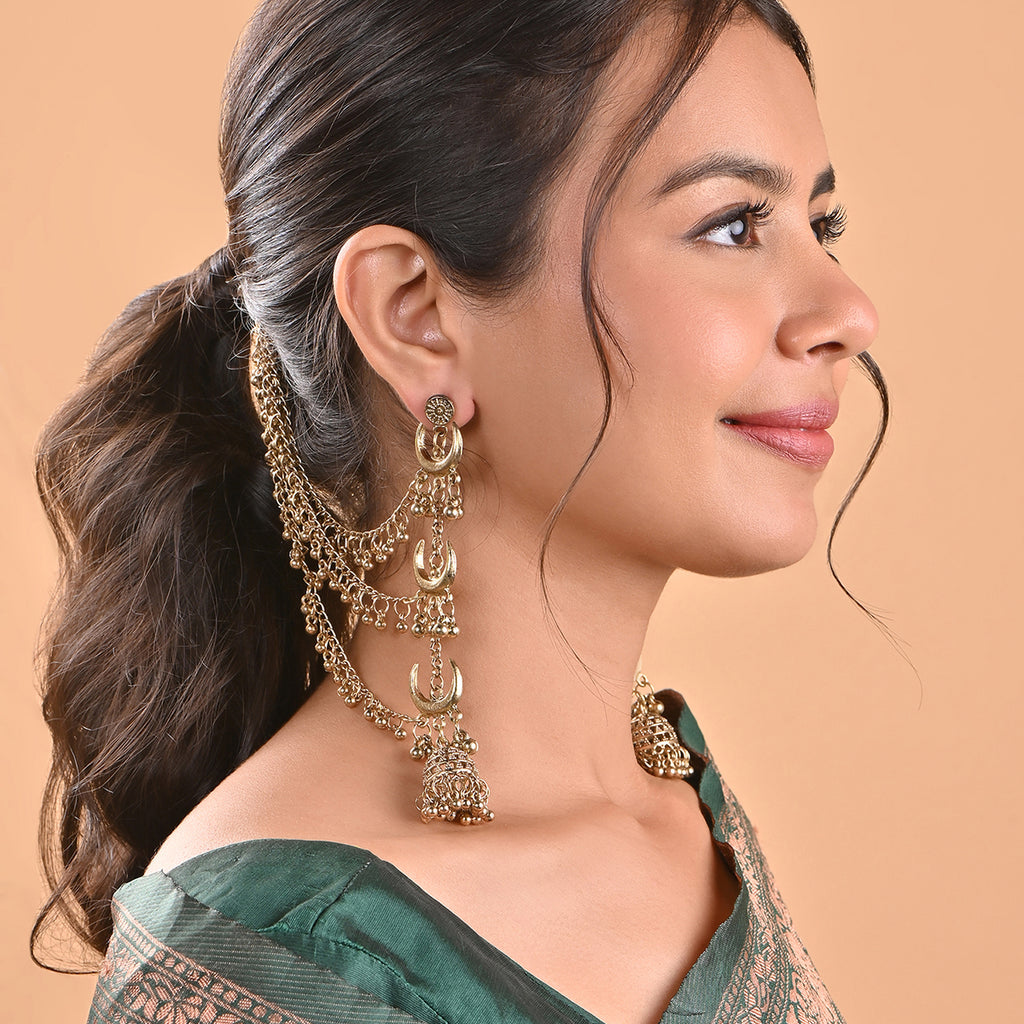 Golden Long Linear Drop Jhumka With Ear Chain