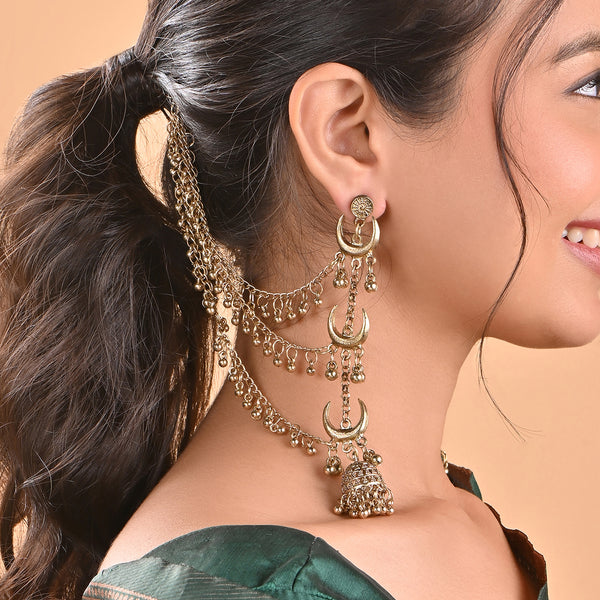 Golden Long Linear Drop Jhumka With Ear Chain
