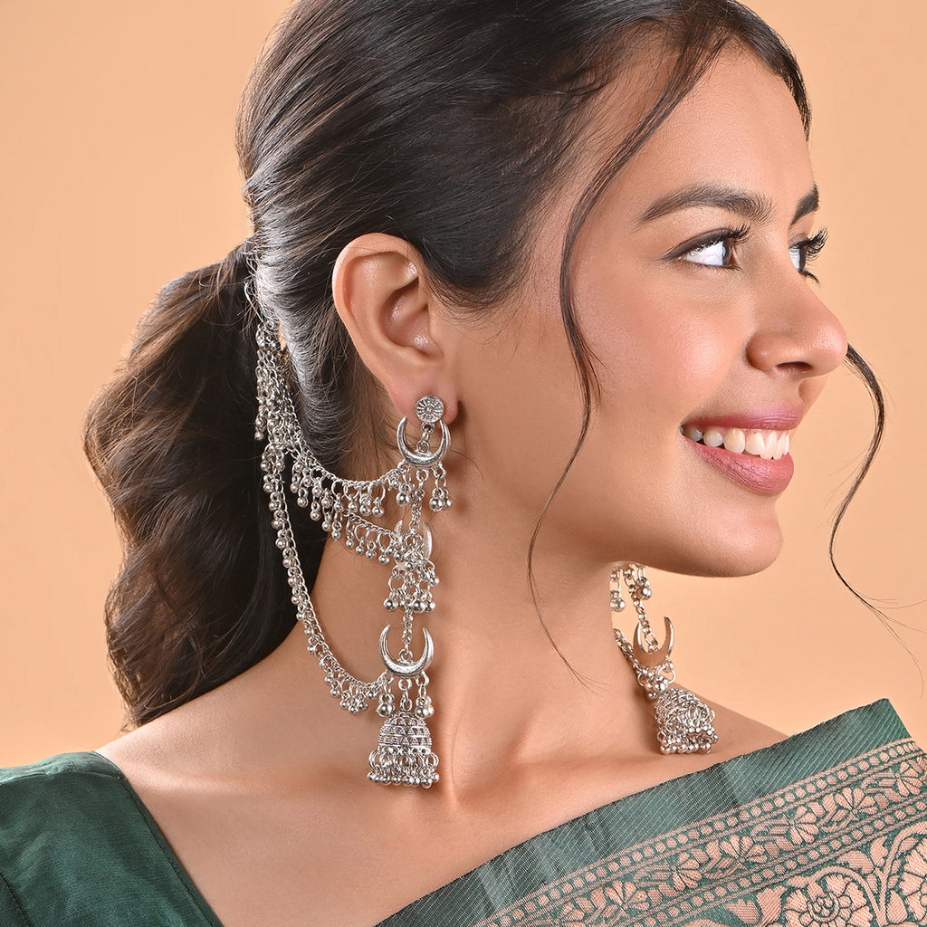 Silver Long Linear Drop Jhumka With Ear Chain