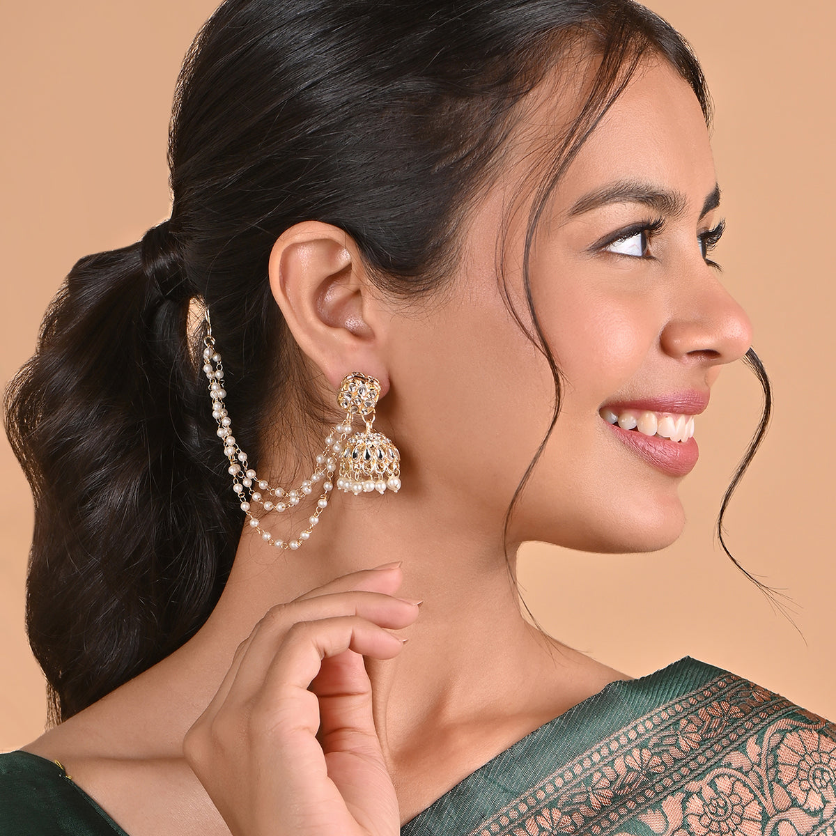 Handcrafted Gulnaar Classic Jhumka With Pearl Ear Chain