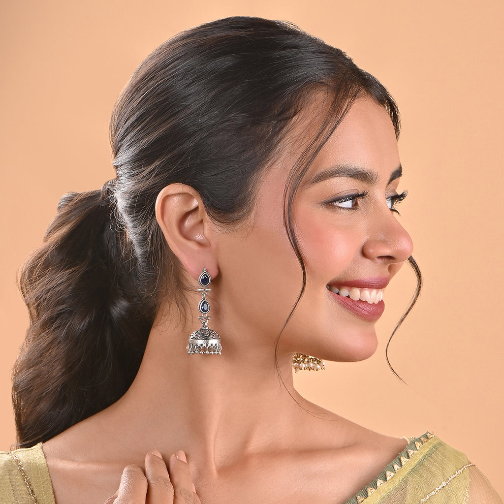 Handcrafted Oxidised Silver Blue Stone Drop Earring