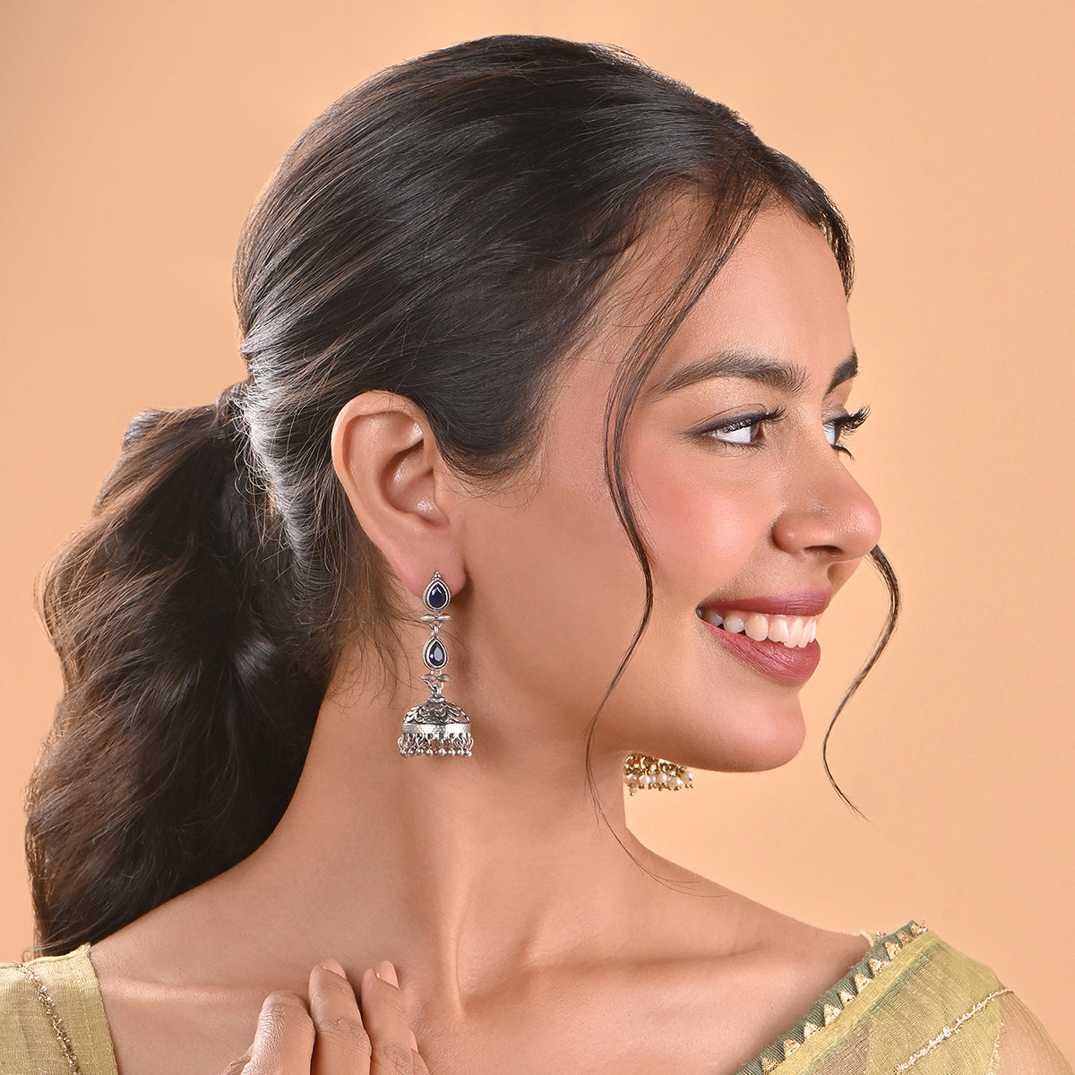 Handcrafted Oxidised Silver Blue Stone Drop Earring